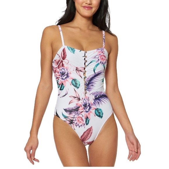 Jessica Simpson Floral-Print Button One-Piece Swimsuit - Picture 1 of 6